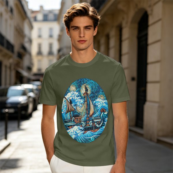Olive T-Shirt With Starry Night Style Sailing Ship Ocean Art