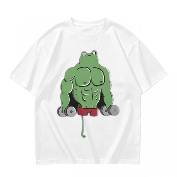 Oversized Army Green T-Shirt With Muscular Frog Lifting Dumbbells Print