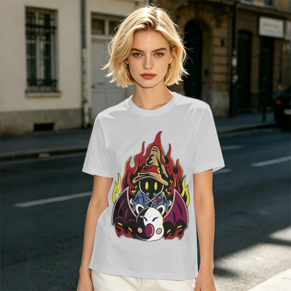 Olive T-shirt with Final Fantasy Vivi and Moogle Fire Artwork