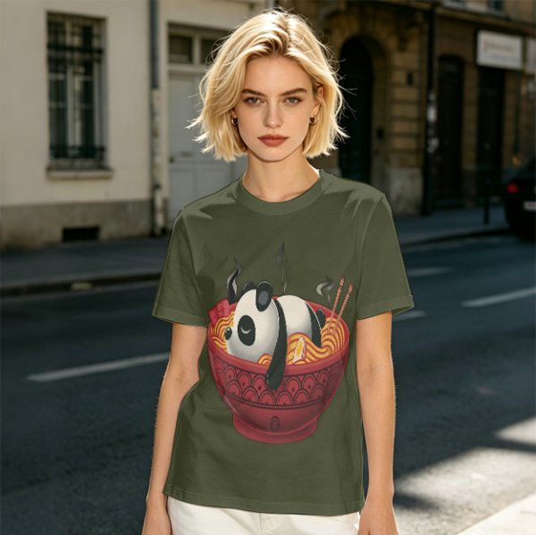 Olive green t-shirt with a panda relaxing in a steaming ramen bowl print
