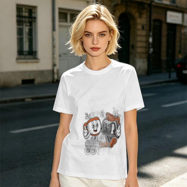 Olive T-Shirt with Retro Cartoon Coffee Cup Characters Graphic
