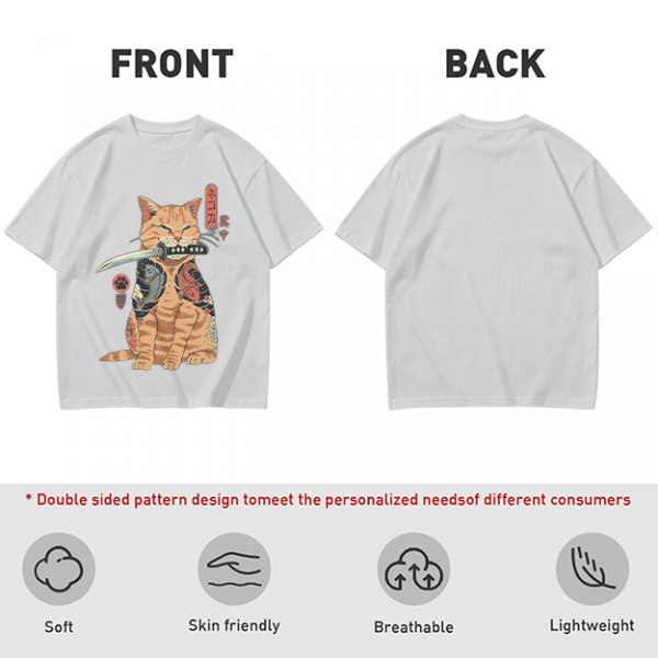 Olive T-Shirt With Samurai Cat Holding Katana And Koi Tattoos