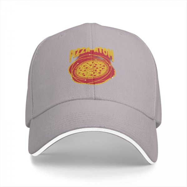 Black baseball cap with pizza atom graphic and text