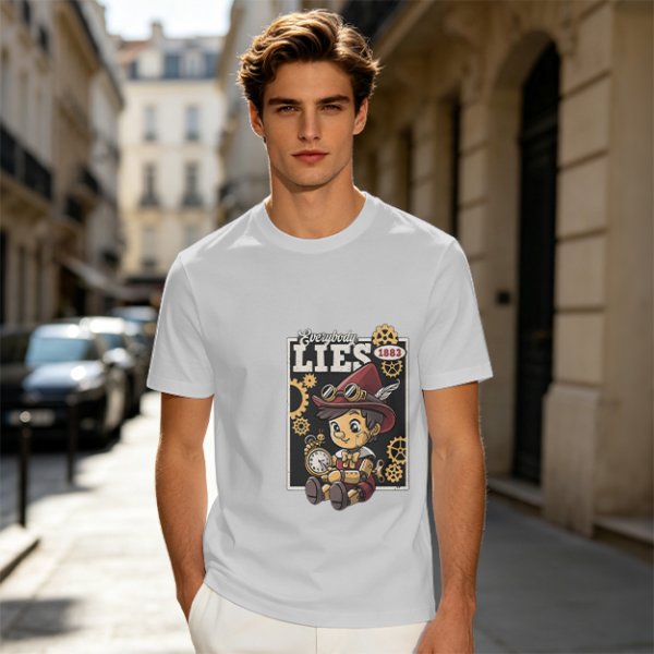 Olive t-shirt with steampunk Pinocchio 'Everybody Lies' graphic print