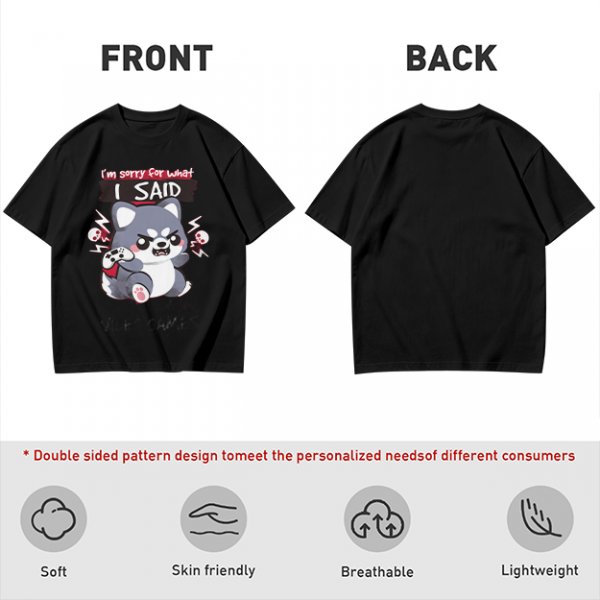 Olive t-shirt with angry gaming wolf graphic and funny apology text