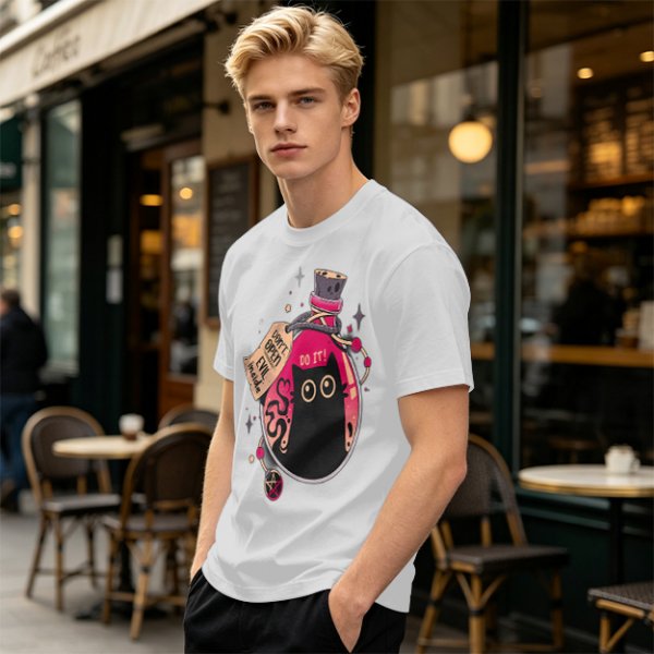 Olive T-shirt with a potion bottle holding a black cat that says don't open evil inside do it
