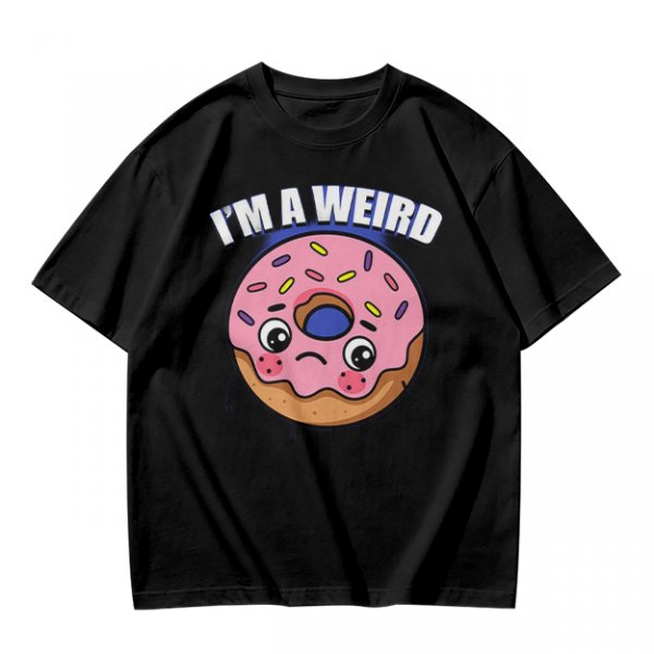 Olive green t-shirt with sad donut graphic and 'I'M A WEIRD' text
