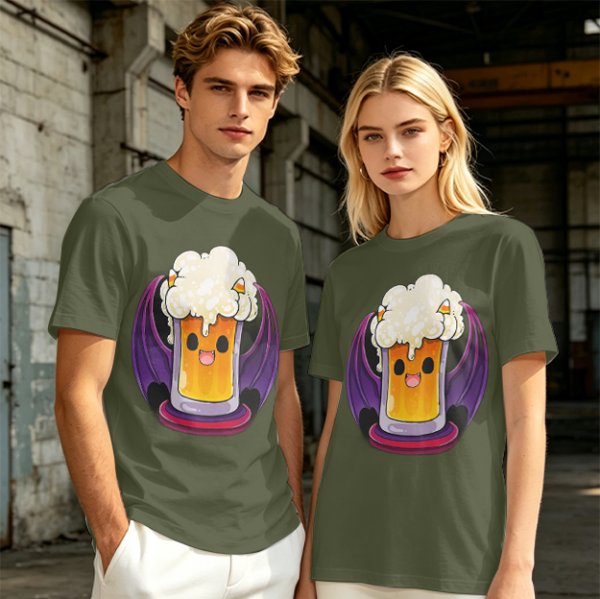 Halloween vampire beer graphic olive green casual t-shirt