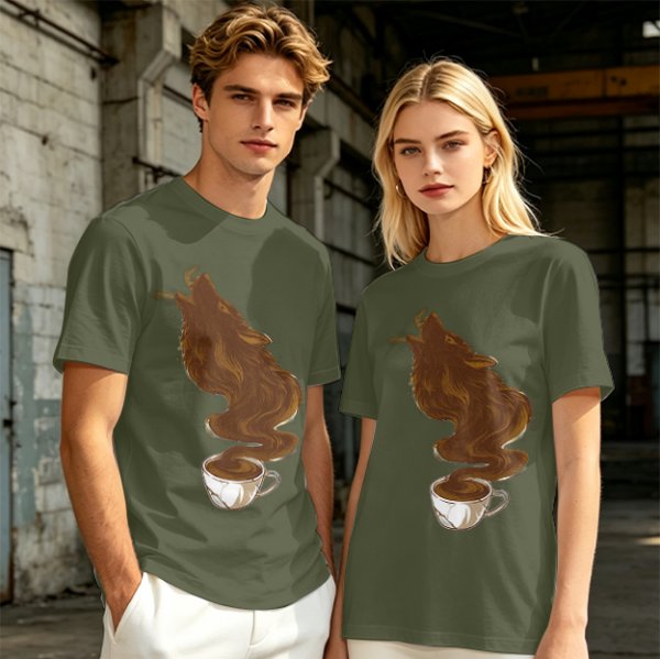 Olive T-Shirt With Coffee Wolf Steam Graphic Print