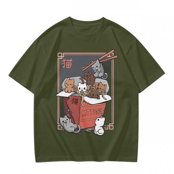 Olive t-shirt with playful kittens in takeout noodle box graphic