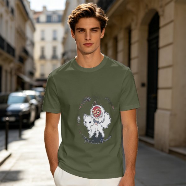 Olive T-Shirt With Chibi Princess Mononoke Wolf Rider Artwork