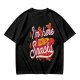 Olive green graphic tee with 'I'm here for the snacks' print