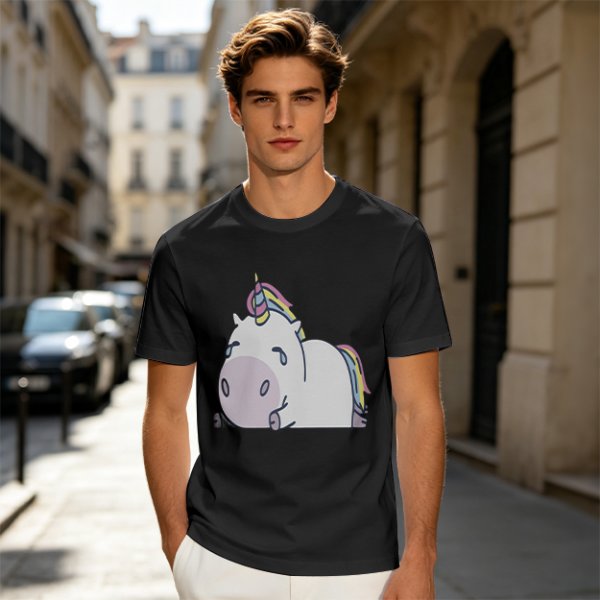 Olive Green T-Shirt With Crying Chubby Unicorn Rainbow Print