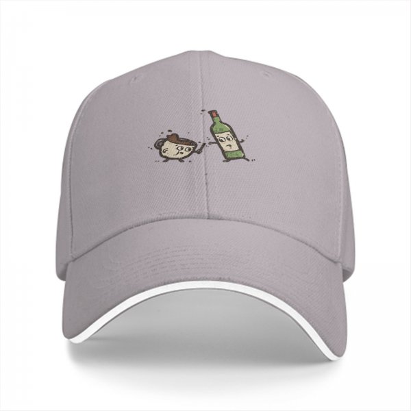 Black baseball cap with cartoon coffee cup and wine bottle graphic