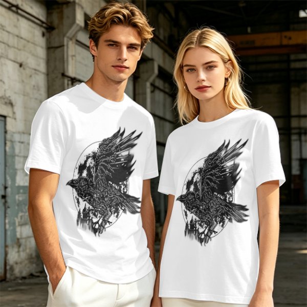 Olive Graphic T-Shirt with Mechanical Raven and Full Moon Print