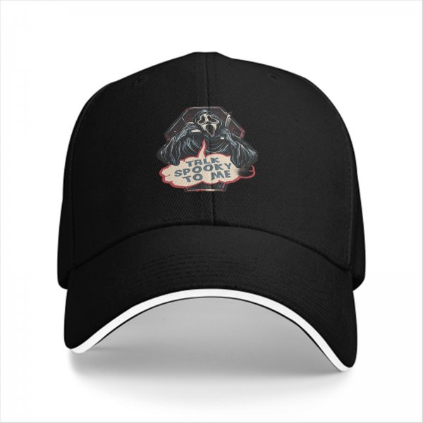 Black baseball cap with Ghostface 'Talk Spooky To Me' horror print