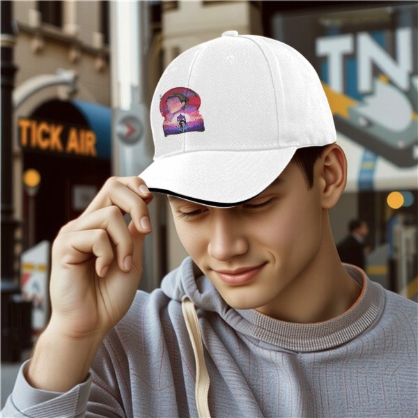 Black Baseball Cap With Anime Sunset Silhouette Graphic