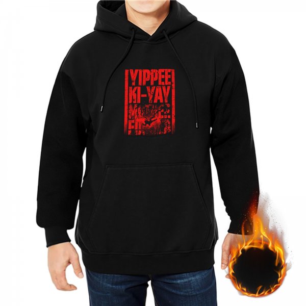Black hoodie with Yippee Ki-Yay graphic print