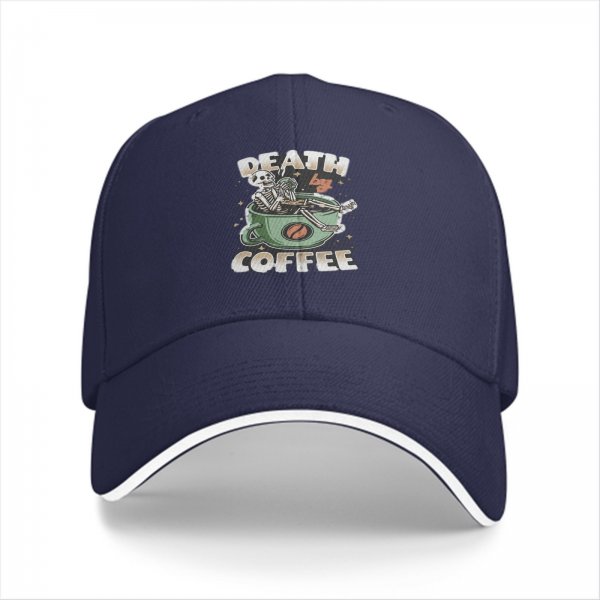 Black Baseball Cap With 'Death By Coffee' Skeleton Graphic