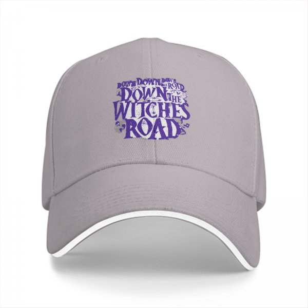 Black baseball cap with 'Down the Witches Road' Halloween themed print