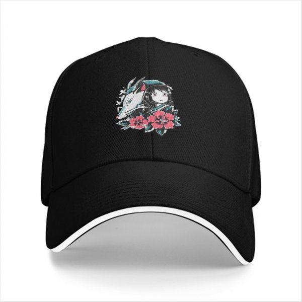 Black baseball cap with Spirited Away Haku and Chihiro anime floral print