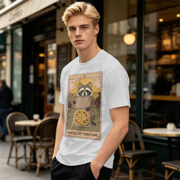 Raccoon Wheel of Fortune Tarot Pizza T-Shirt