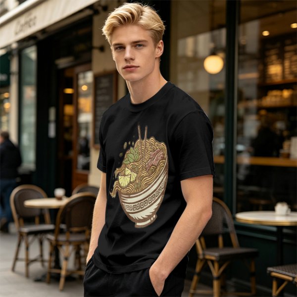 Olive Green T-Shirt With Illustrated Noodle Bowl Print