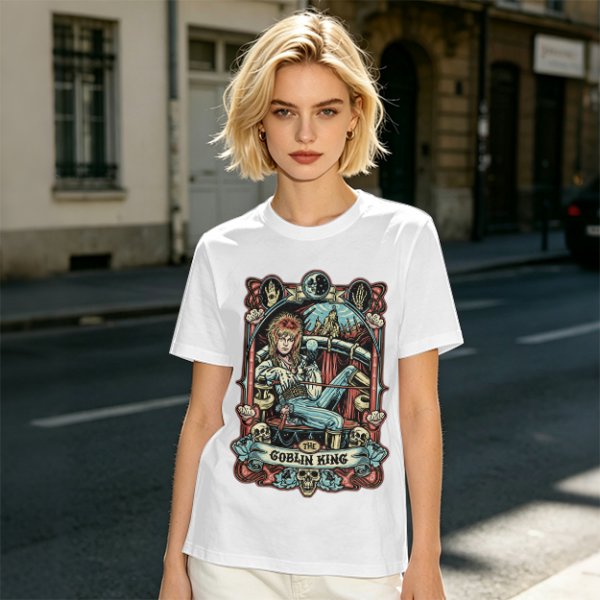 Olive green t-shirt featuring The Goblin King tarot-style artwork