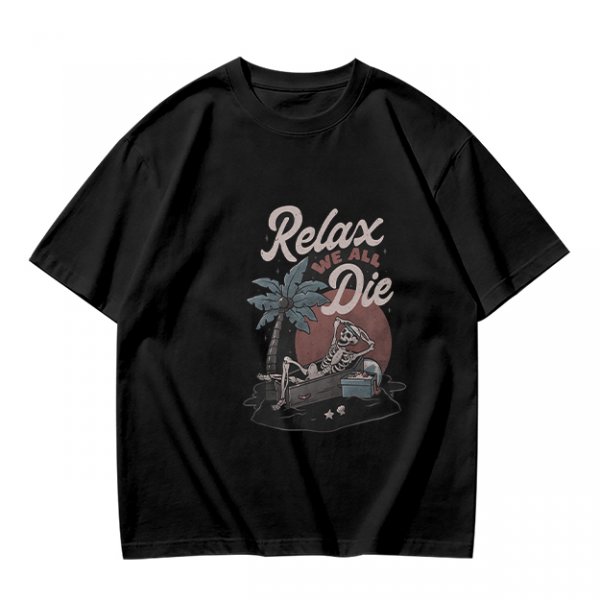 Olive graphic t-shirt with skeleton relaxing on coffin and 'Relax We All Die' text