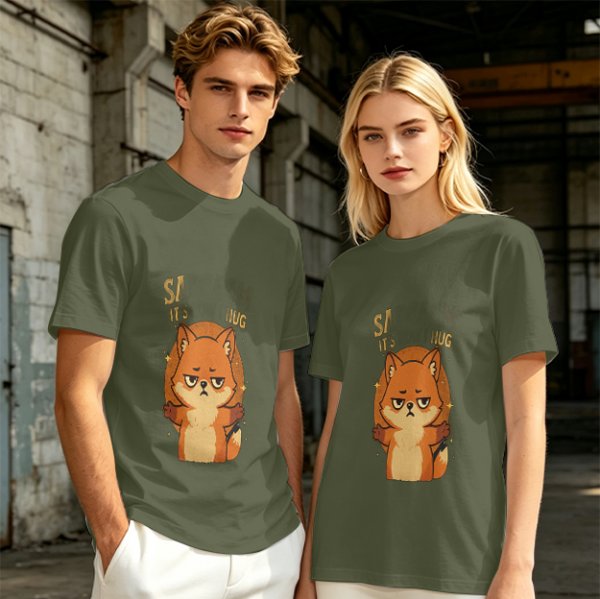Olive green t-shirt with grumpy fox offering a hug graphic