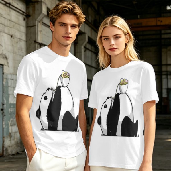 Olive T-Shirt With Panda Balancing Ramen Bowl Print
