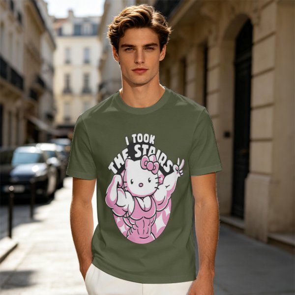 Olive t-shirt with muscular Hello Kitty graphic and 'I Took The Stairs' text