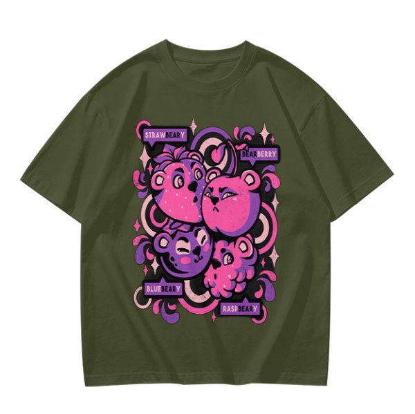 Olive T-shirt with playful bear-fruit graphic print