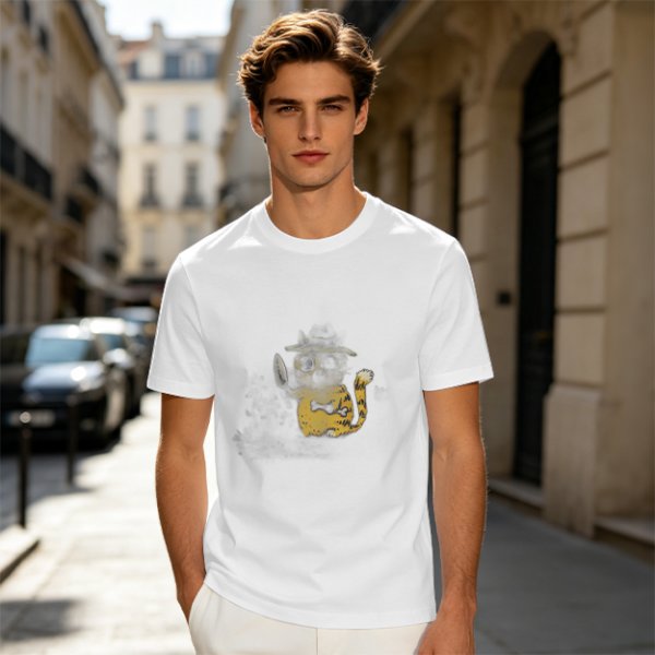 Olive T-Shirt With Whimsical Cat Fish Hybrid Graphic
