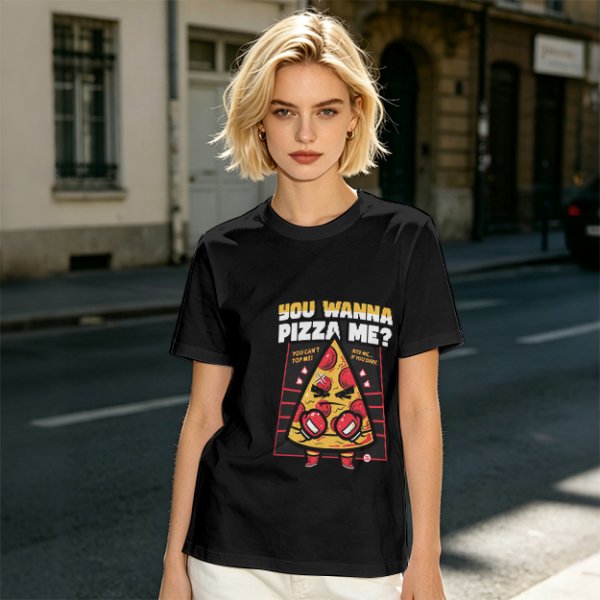 Olive t-shirt with angry boxing pizza slice graphic and 'You Wanna Pizza Me?' text