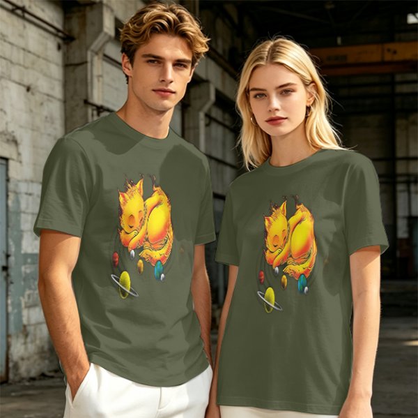 Olive T-Shirt With Sleeping Cosmic Cat And Planets Graphic