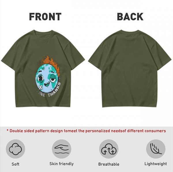 Olive T-shirt with Worn Burning Earth Graphic and 'Fine Thanks' Text