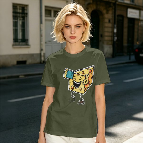 Olive T-shirt with a cartoon cheese taking a selfie and making a peace sign