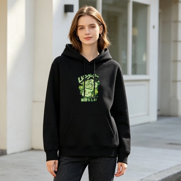 Black Hoodie with Retro Handheld Game Console and Japanese Graphic Print