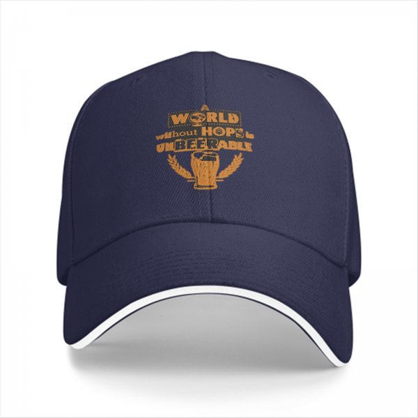 Black baseball cap with 'A World Without Hops Is Unbeerable' beer graphic