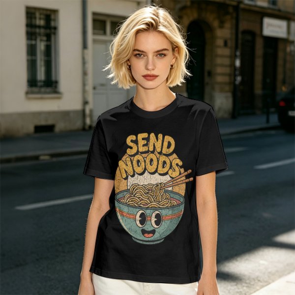 Olive Green T-Shirt With Retro Send Noods Ramen Bowl Graphic