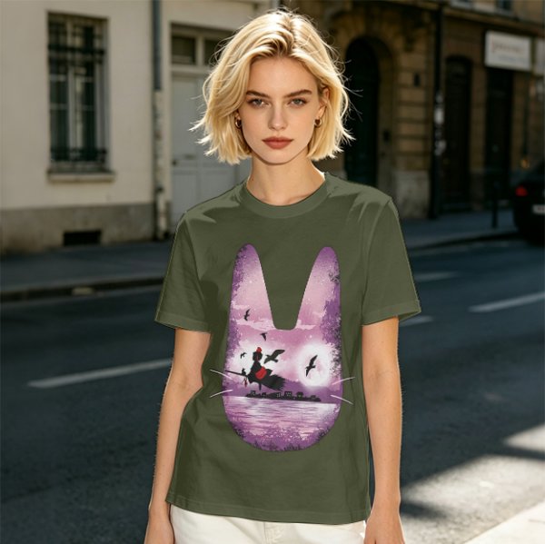 Olive T-Shirt With Witch Riding Broom Silhouette In Bunny Outline