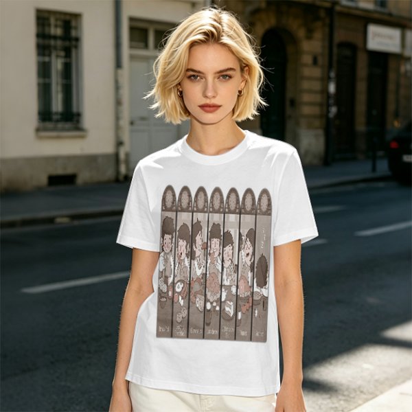 Olive Green T-Shirt with Cartoon Medieval Tavern Scene Print