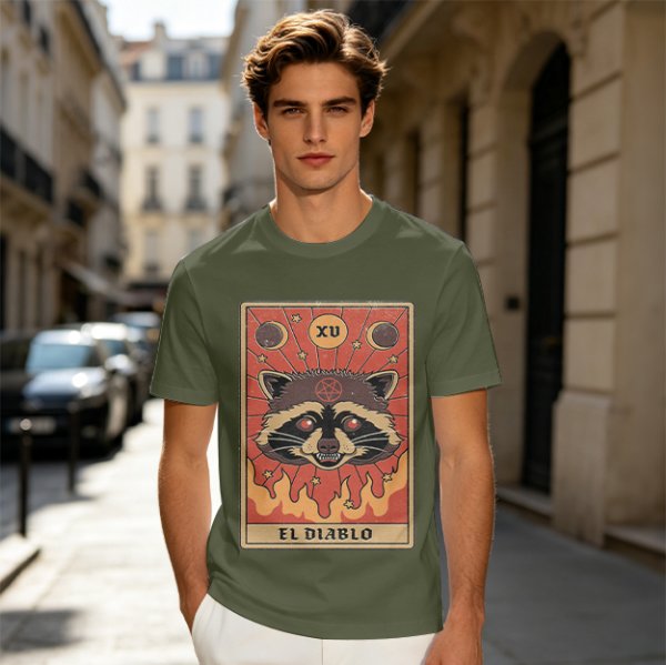 Olive T-Shirt With Raccoon El Diablo Tarot Card Print