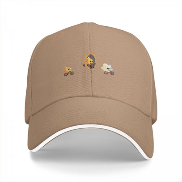 Black baseball cap with cartoon flame and character bike designs