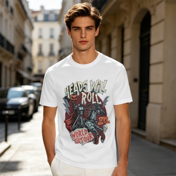Olive graphic t-shirt featuring Headless Horseman 'Heads Will Roll World Tour' print