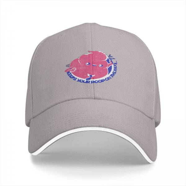 Black baseball cap with cartoon poop graphic and text print