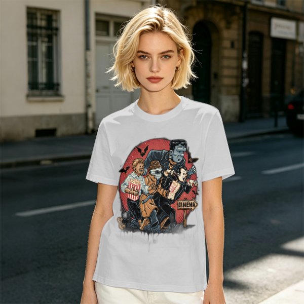 Olive T-Shirt with Classic Horror Monsters Going to Cinema Print