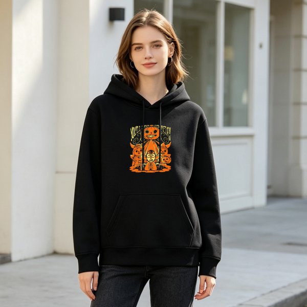 Black hoodie with Halloween pumpkin and character graphic print