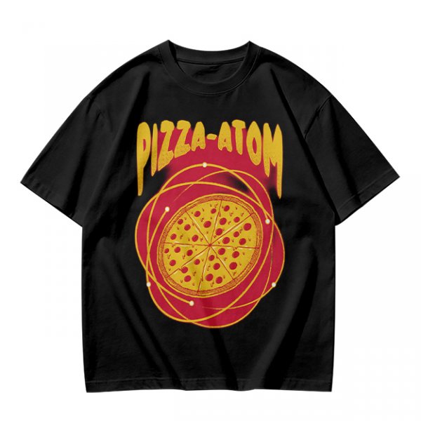 Olive green graphic t-shirt with pizza atom design